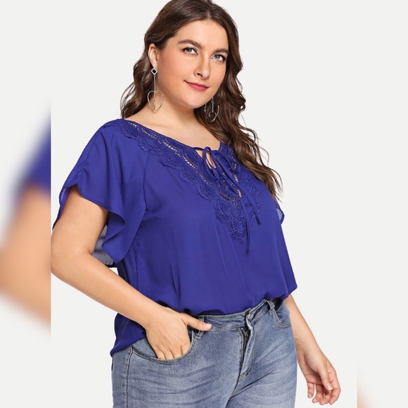 SHEIN Plus Women's Royal Blue Flutter Sleeve Lace Appliqué Tie Neck - Picture 3 of 5